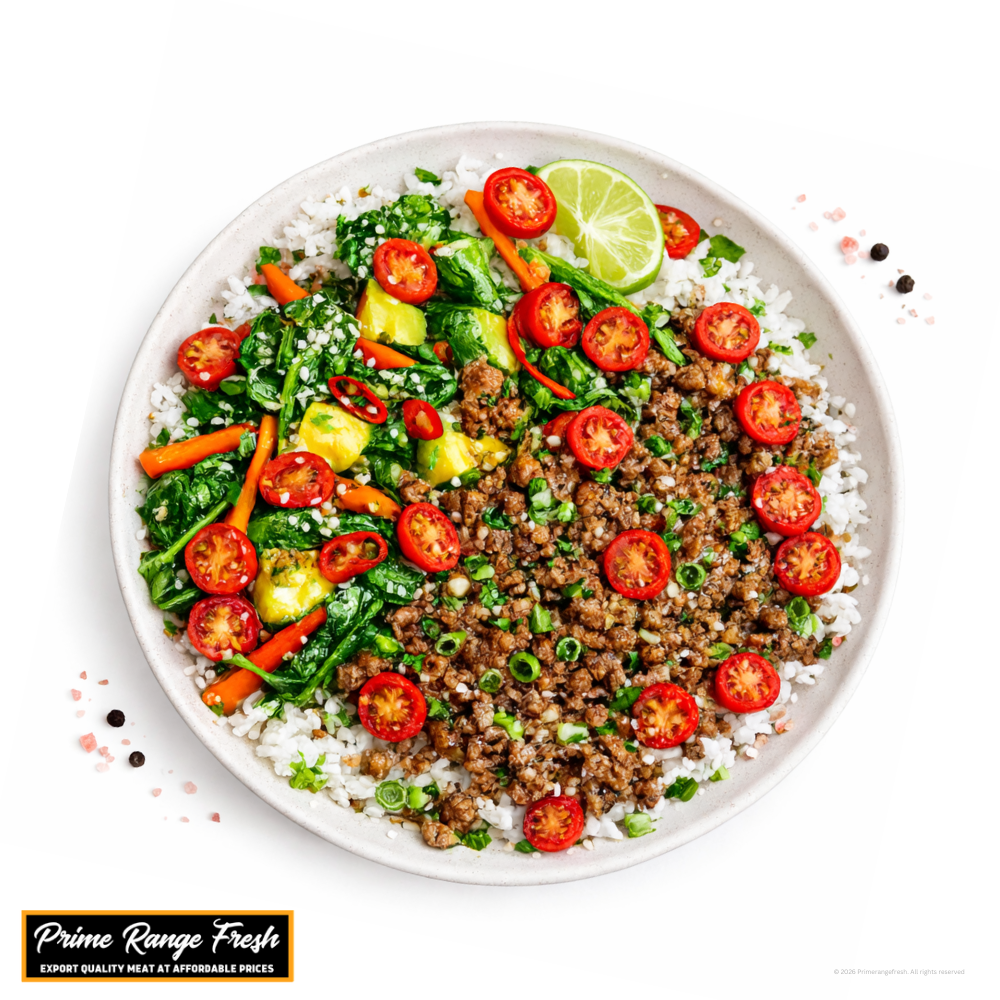 Plated dish with ground meat, vegetables, and rice on a white background with 'Prime Range Fresh' branding.