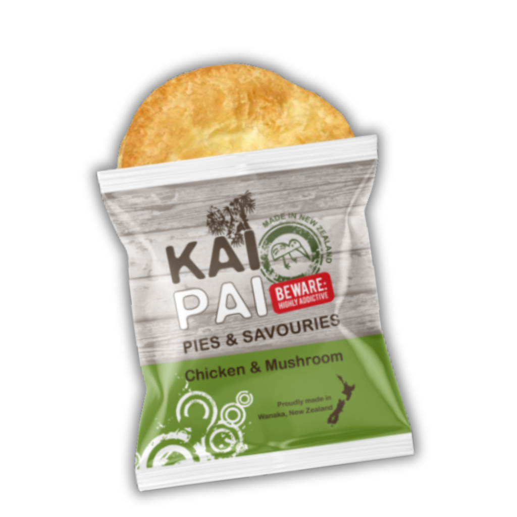 Kai Pai pies & savouries package with a chicken and mushroom flavor on a white background