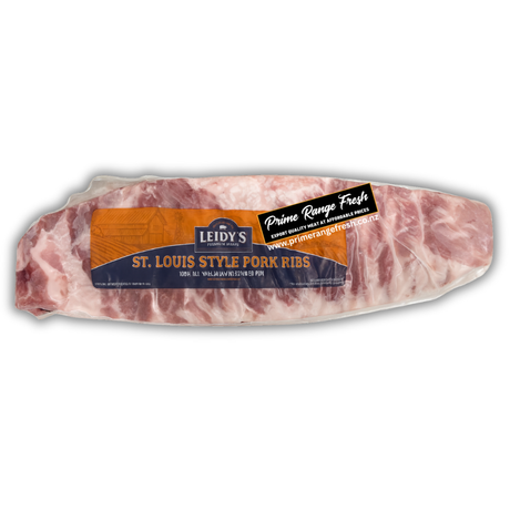 Packaged St. Louis style pork ribs with Leidy's branding on a white background