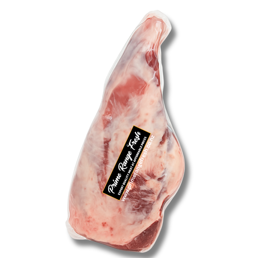 Raw ham with a label on a white background