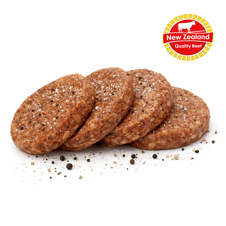 Five brown beef patties with a New Zealand Quality Beef logo on a white background
