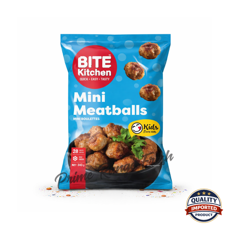 Package of Bite Kitchen Mini Meatballs with branding and product details on a white background