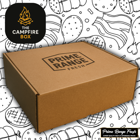 Brown cardboard box with 'Prime Range Fresh' branding on a background with black line art of food items.