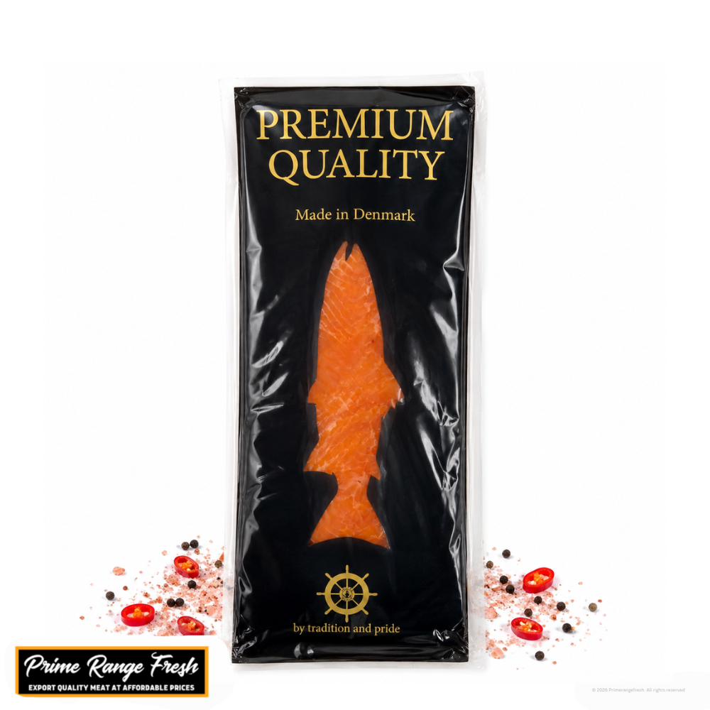 Black packaging of premium quality salmon with visible branding on a white background