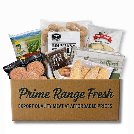 Box of 'Prime Range Fresh' with various food items on a white background