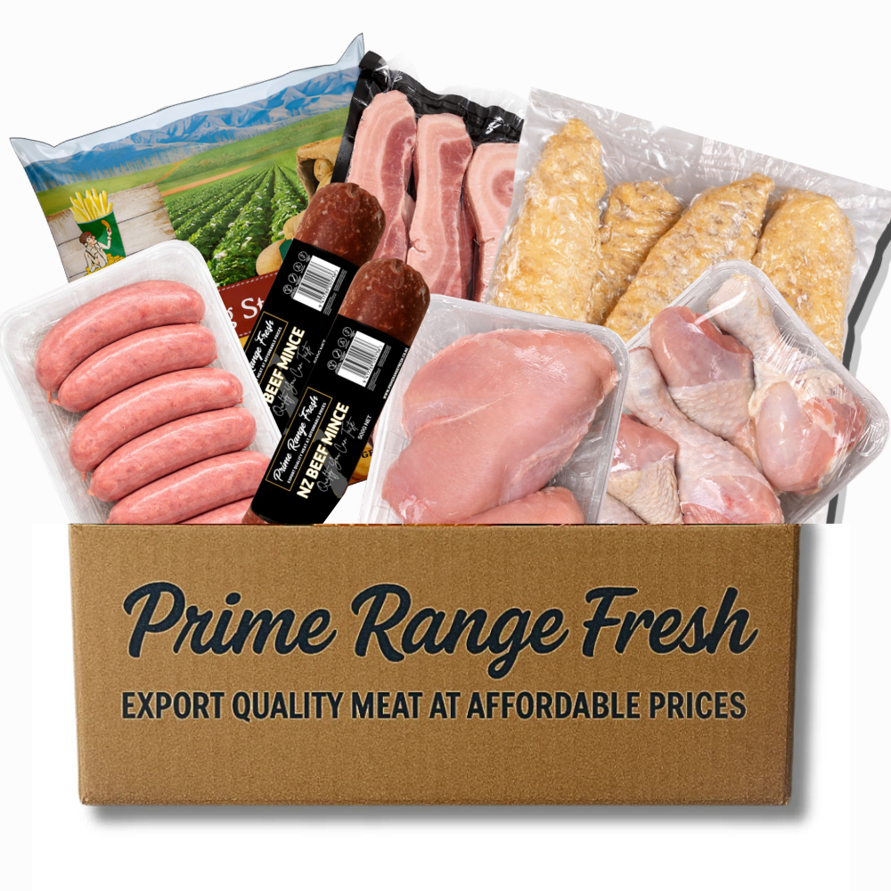 Assorted packaged meats including sausages, chicken, and bacon in a 'Prime Range Fresh' box.