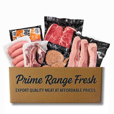 Box of 'Prime Range Fresh' with various cuts of meat on a white background