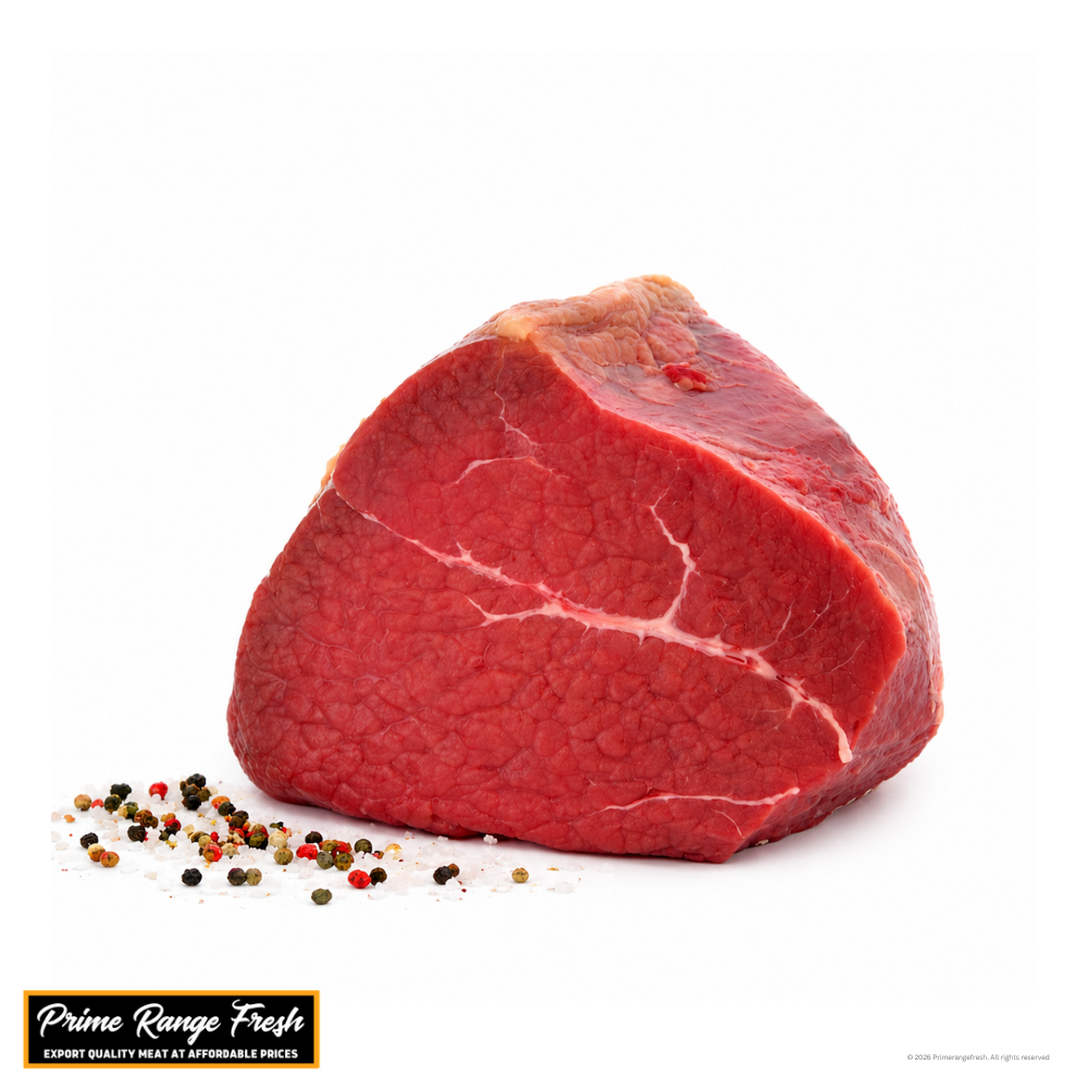 Raw steak with peppercorns on a white background, featuring the Prime Range Fresh logo.