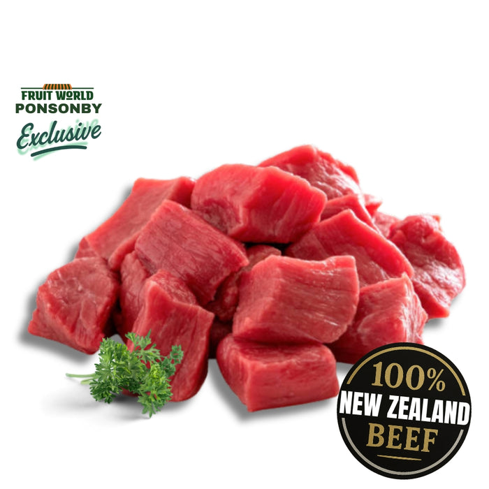 Raw beef cubes with a '100% New Zealand Beef' label on a white background