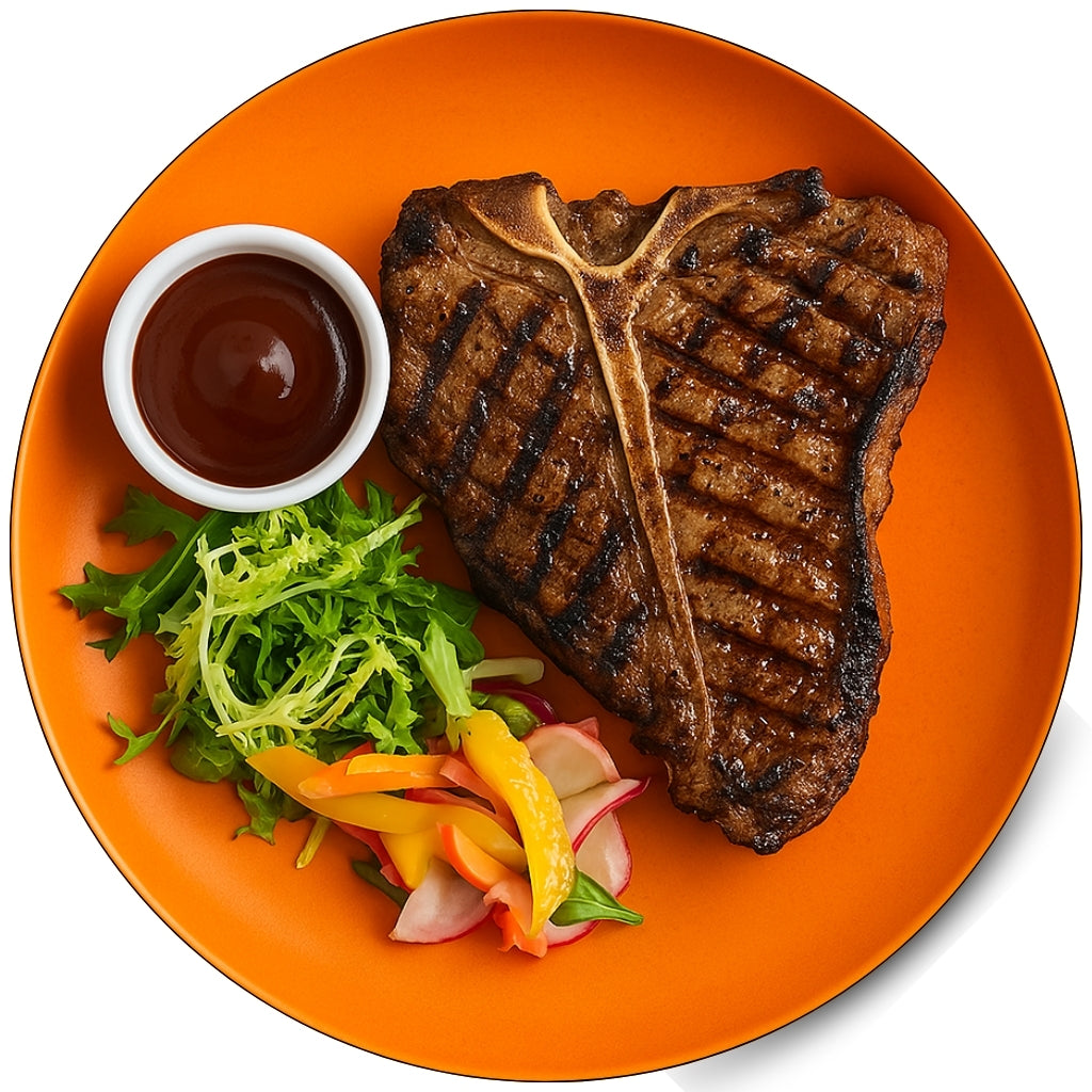 Cooked Prime Range Fresh Thick Cut Beef T-Bone Steak on Plate – Juicy Grilled Meal