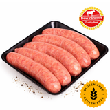 Raw sausages on a black tray with New Zealand Quality Beef and Gluten Free badges.