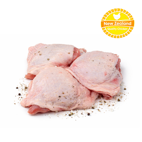Raw chicken thighs with New Zealand Quality Chicken logo on a white background